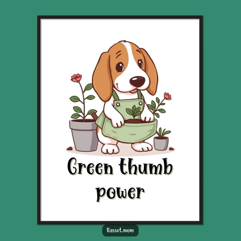 Funny Gardening Basset Hound Digital Art Print: Tiny Apron Digging - Instant Funny Gift