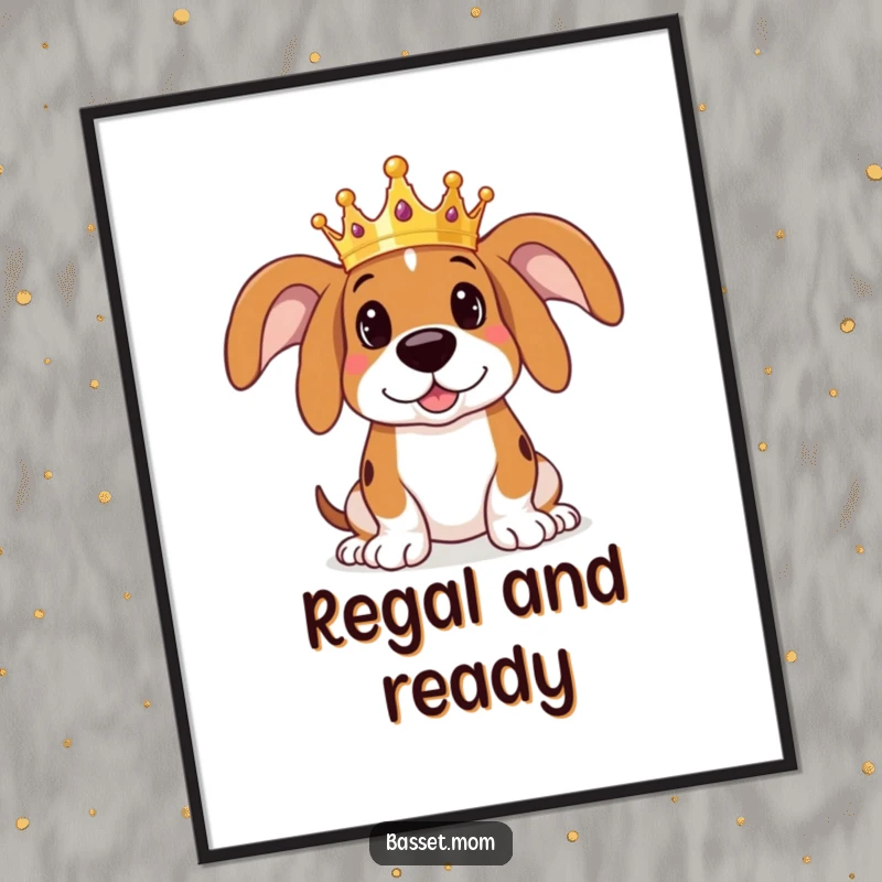 Funny Basset Hound digital art print of a dog wearing a miniature crown, looking regal and playful, ready to download and adorn your space.