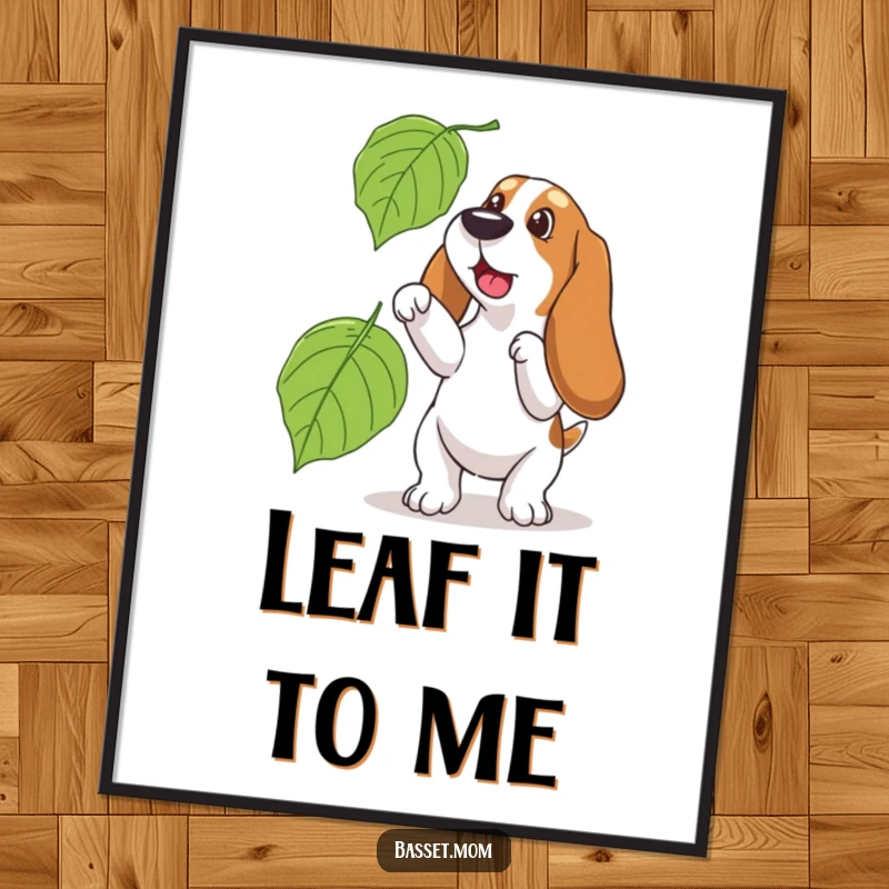 Funny Basset Hound digital art print, showing a dog playfully trying to catch a large falling leaf, whimsical fall decor.