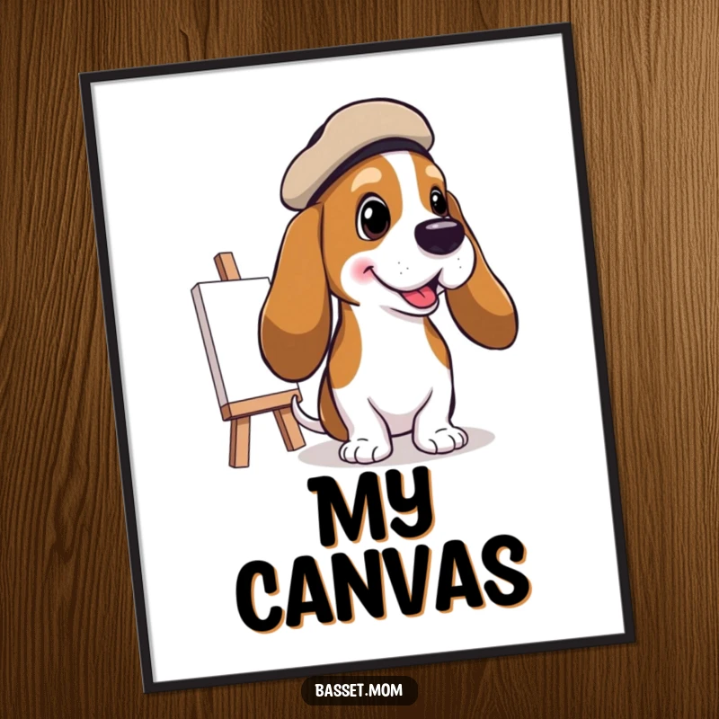 Funny Basset Hound Artist Digital Art Print: A Basset hound in a beret painting a cheerful picture, inspiring creativity, a funny gift.