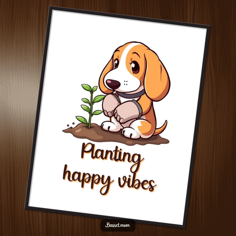 Funny Basset Hound wearing gardening gloves planting a tiny sprout, as a downloadable digital art print, bringing garden humor to any setting.