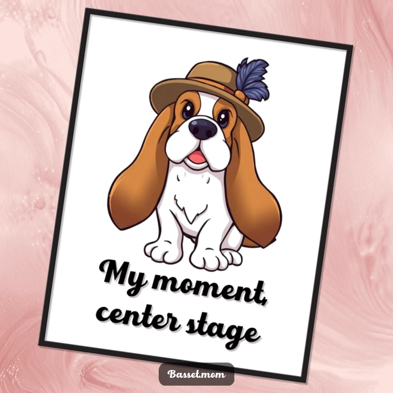 Funny Basset Hound digital art print, feathered hat, dramatic pose, theatrical dog portrait for instant download.