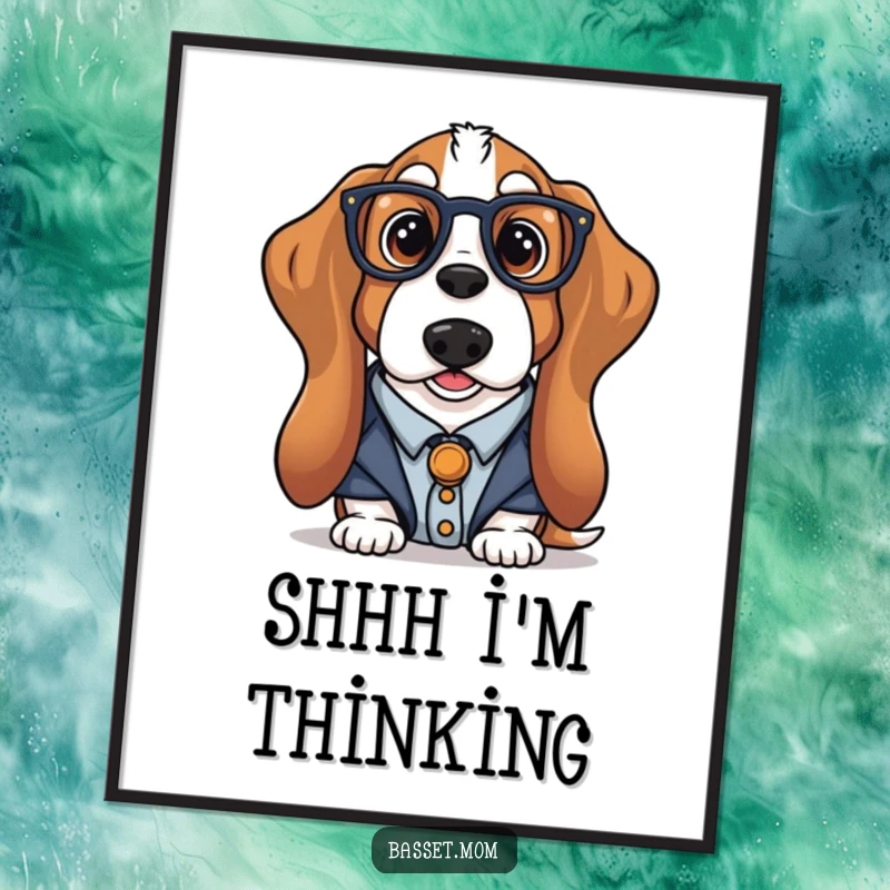 Funny librarian Basset Hound digital art print of a dog dressed as a librarian, ideal for instant download and unique wall art.