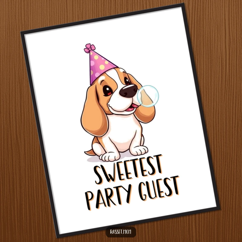 Funny Basset Hound digital art print of a dog in a party hat blowing a lollipop bubble, offering instant festive and humorous decor.