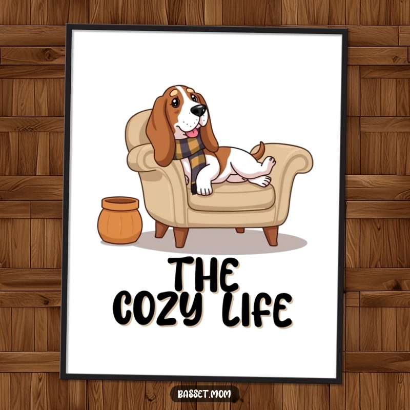 Funny Basset Hound wearing a scarf lounges on a cozy armchair, captured in a high-quality digital art print for relaxing decor.