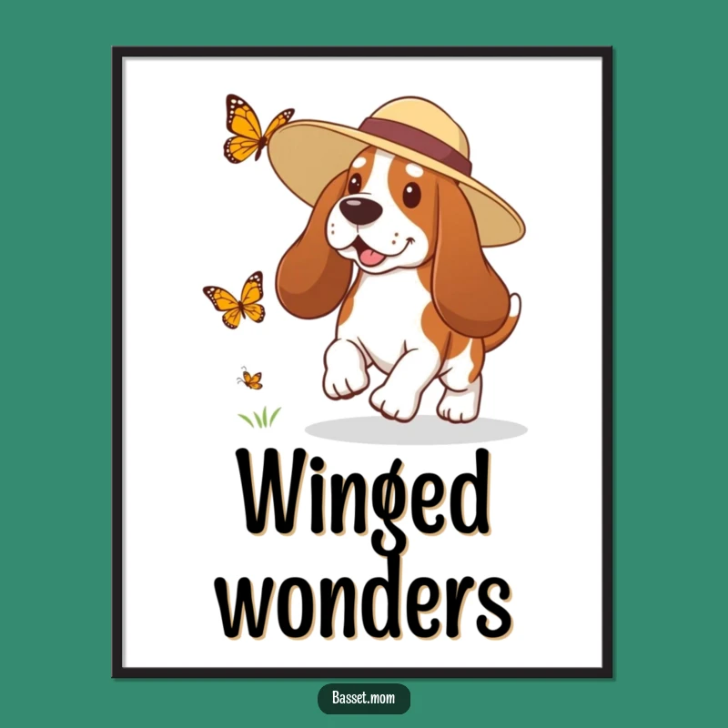 Funny Basset Hound Sun Hat Butterfly Chase Digital Art - Whimsical Download Gift