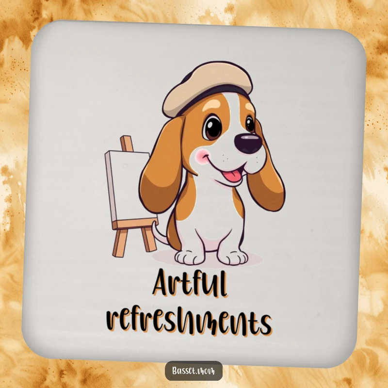 Funny Basset Hound Artist Coasters: A Basset hound in a beret painting a cheerful picture, adding artistic flair, a funny gift.