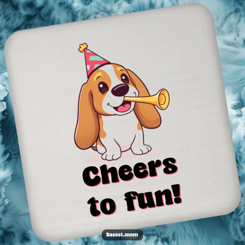 Funny Basset Hound coaster, a dog in a party hat blowing a small trumpet, protecting surfaces with festive flair.