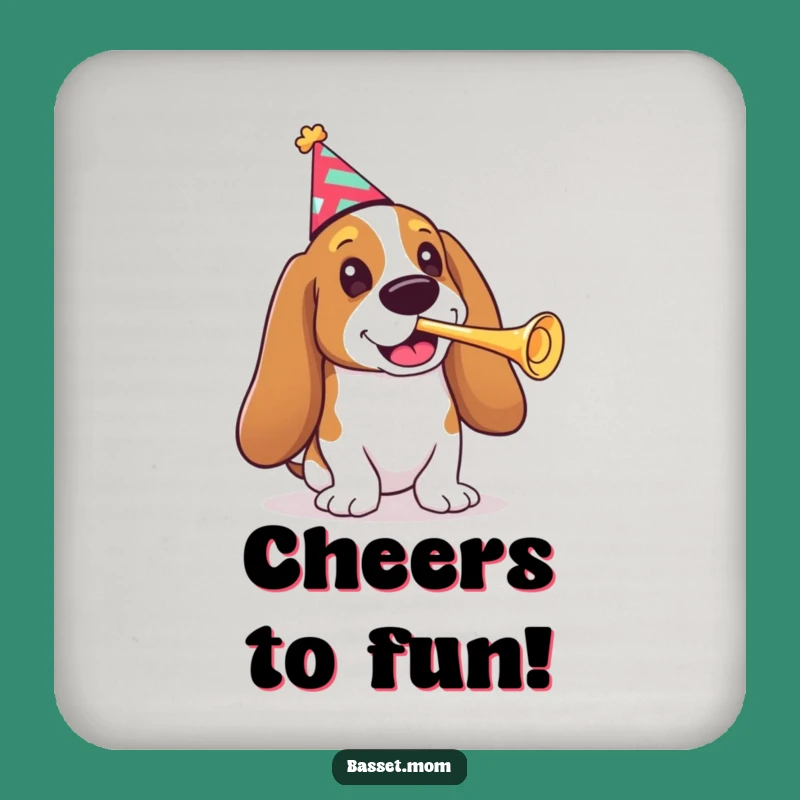 Funny Basset Hound Party Coaster Set - Chic Dog Gift with Party Hat & Trumpet