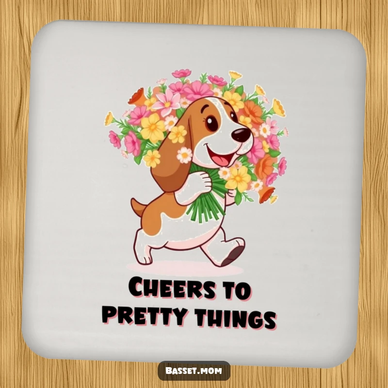 Funny Basset Hound coaster, art of a dog happily carrying flowers, for stylish surface protection.