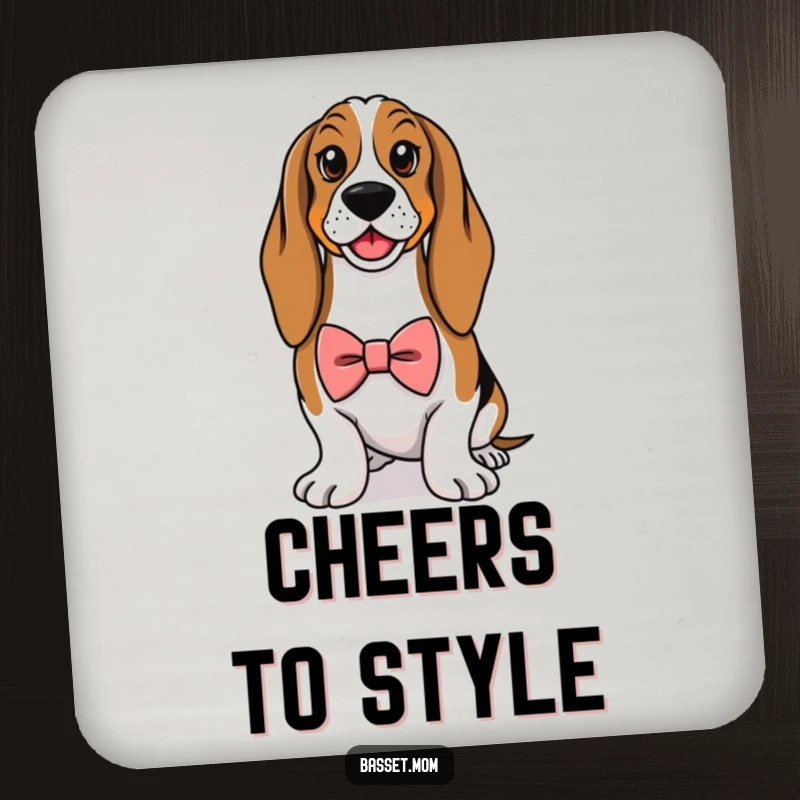 Funny Basset Hound coaster, depicting a dog wearing a small bowtie and looking proud, a humorous addition to any table.