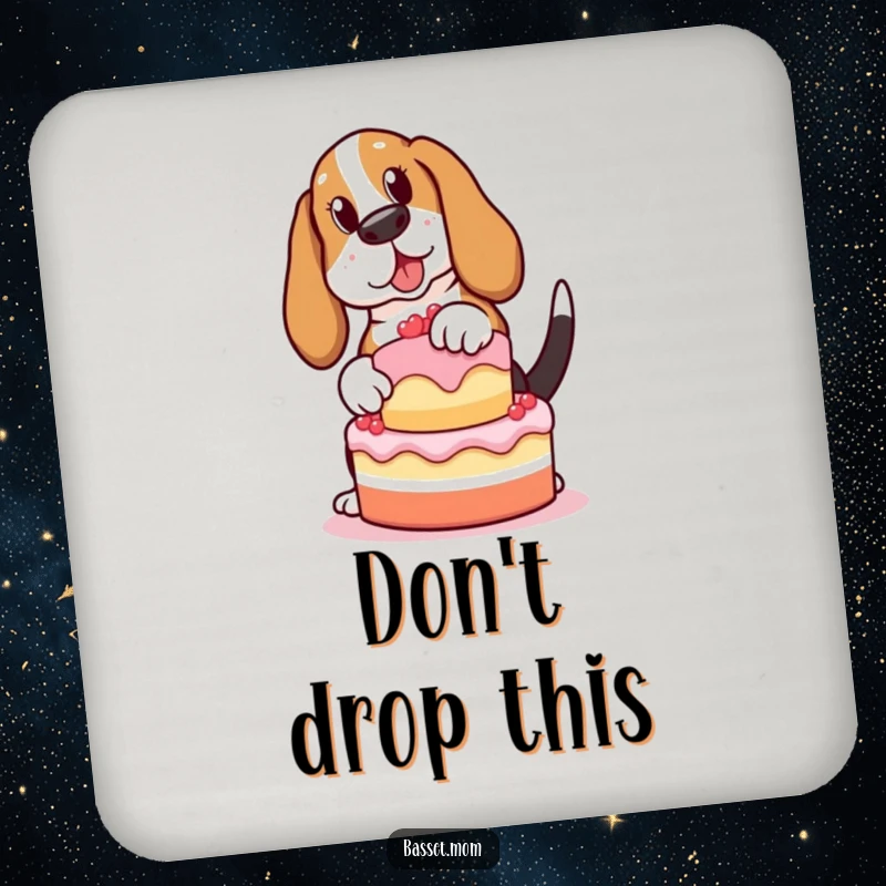 Funny Basset Hound coaster, a dog balancing a cake, protects furniture with humor, a great housewarming gift.