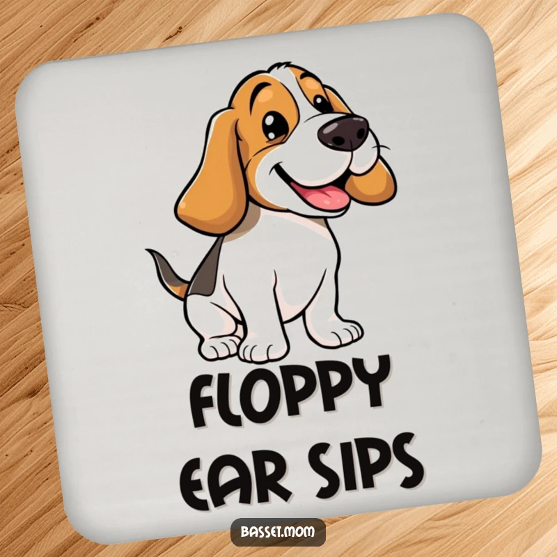 Funny Basset Hound coaster featuring a dog joyfully bouncing, floppy ears in motion, adding a comical and protective element to tables.