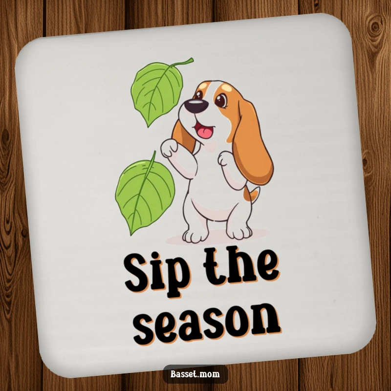 Funny Basset Hound coaster, depicting a dog playfully trying to catch a big leaf, a humorous and seasonal addition.