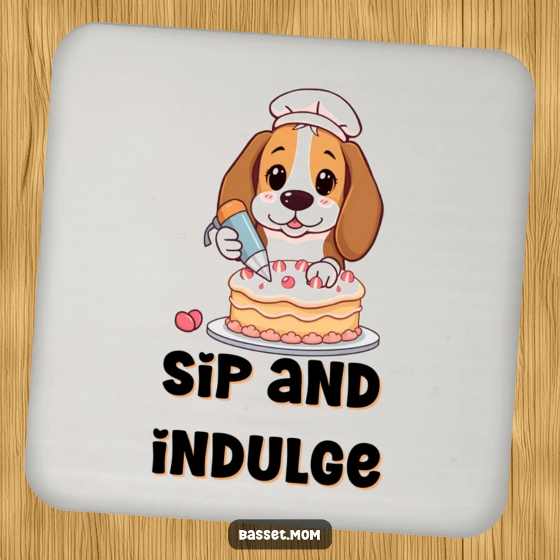 Funny Basset Hound decorating a cake, pastry bag art, protective drink coaster, humorous home accessory.