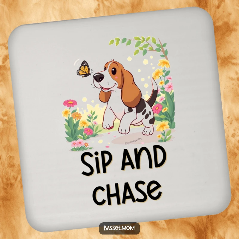 Funny Basset Hound Coasters: A dog chases a butterfly in a garden, adding humor to drink protection.