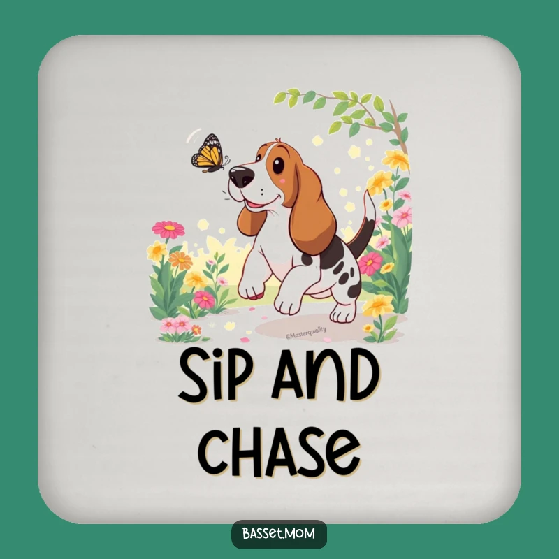Funny Basset Hound Butterfly Chase Coasters: Protect Surfaces with Humor, Gift Set