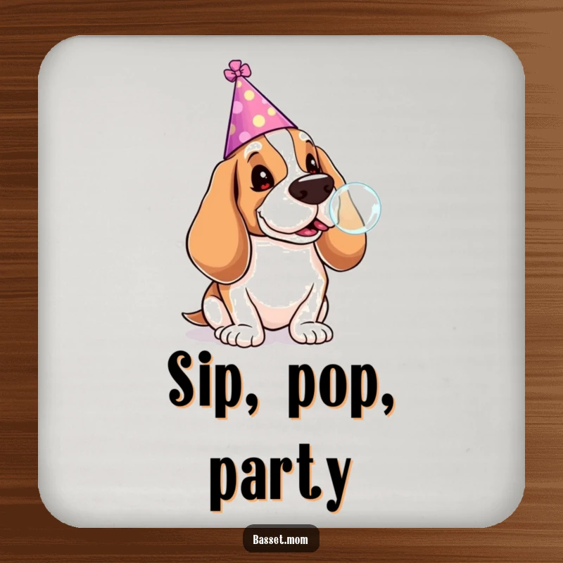 Funny Basset Hound coaster featuring a dog in a party hat blowing a lollipop bubble, adding festive flair and surface protection.