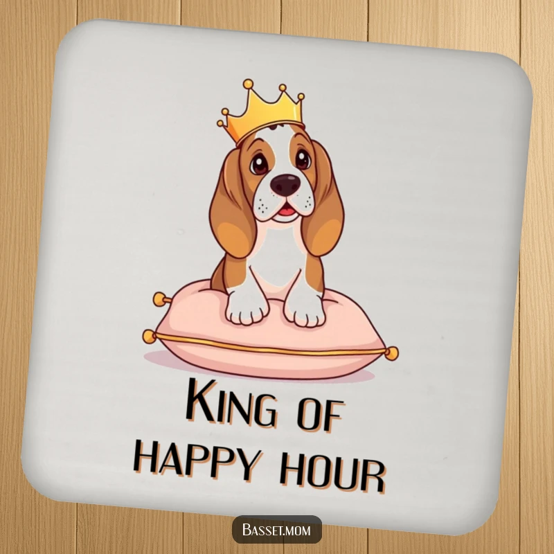Funny Basset Hound coaster, art of a crowned dog sitting regally on a cushion, for surface protection.