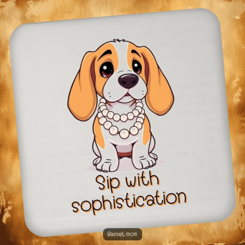 Funny Basset Hound coaster, art of a dog in pearls posing dramatically, for stylish surface protection.