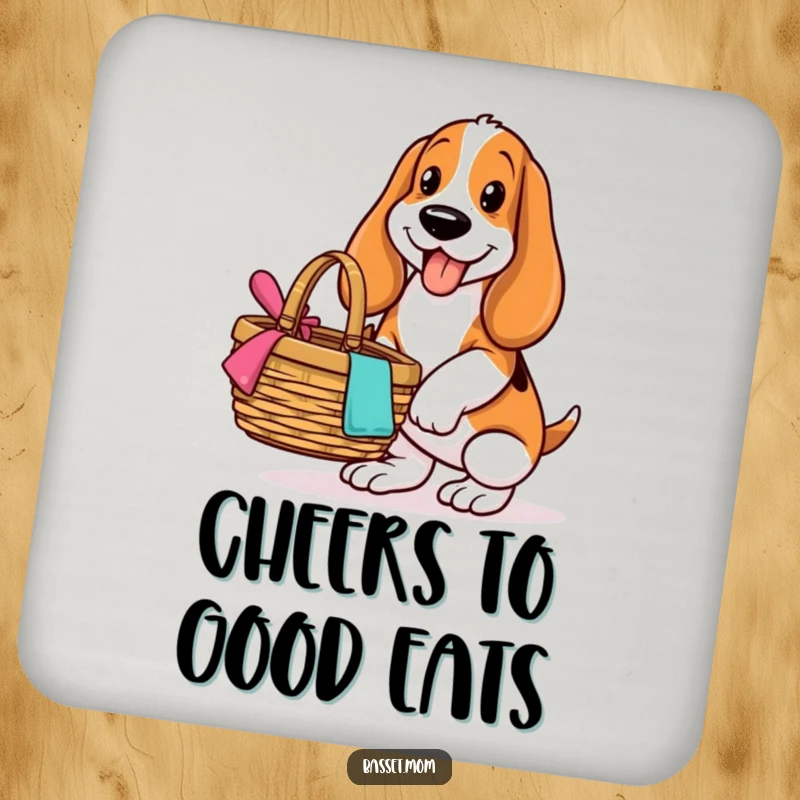 Funny Basset Hound coaster, depicting a dog with a happy expression balancing a picnic basket, a humorous addition to any setting.