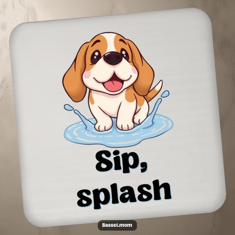 Funny Basset Hound drink coaster featuring a droopy-eared dog splashing in a puddle, adding humor and protection to surfaces.