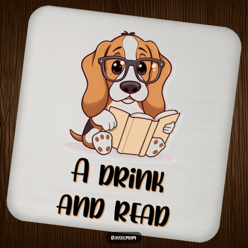 Funny Basset Hound coaster featuring a dog wearing reading glasses and reading a book, protecting surfaces with intellectual humor.