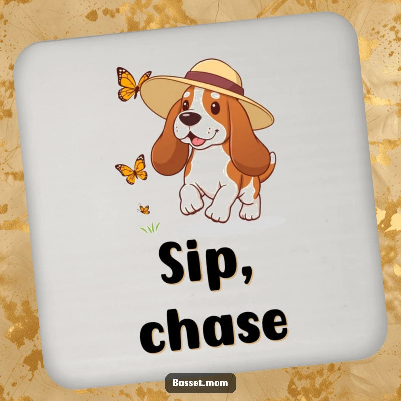Funny Basset Hound drink coaster showing a dog in a sun hat playfully chasing a butterfly, adding humor to surfaces.