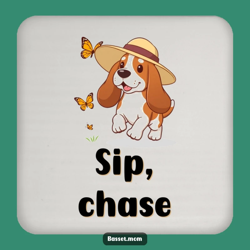 Funny Basset Hound Sun Hat Butterfly Chase Coaster - Playful Dog Protector