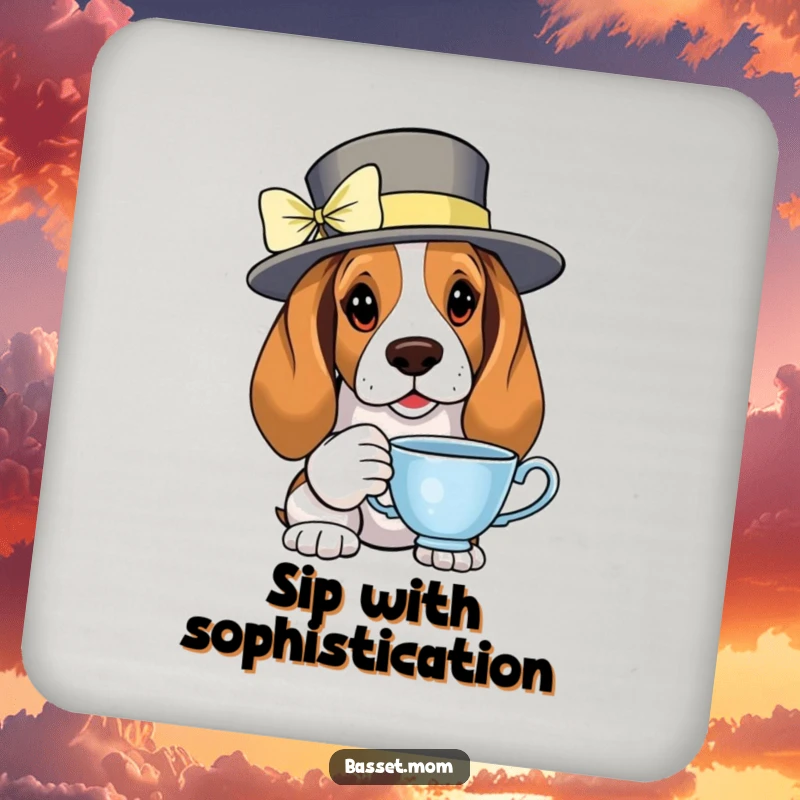 Funny Basset Hound tea coaster showing a fancy dog with a teacup, protecting surfaces with elegance.