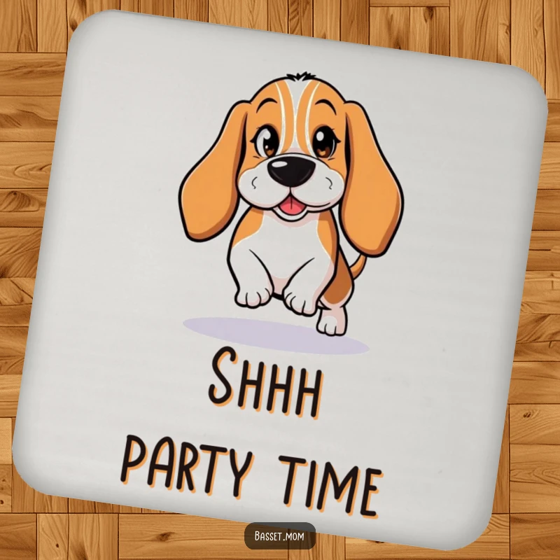 Funny Basset Hound Coasters: A mischievous dog tiptoeing with a wink, protecting surfaces.