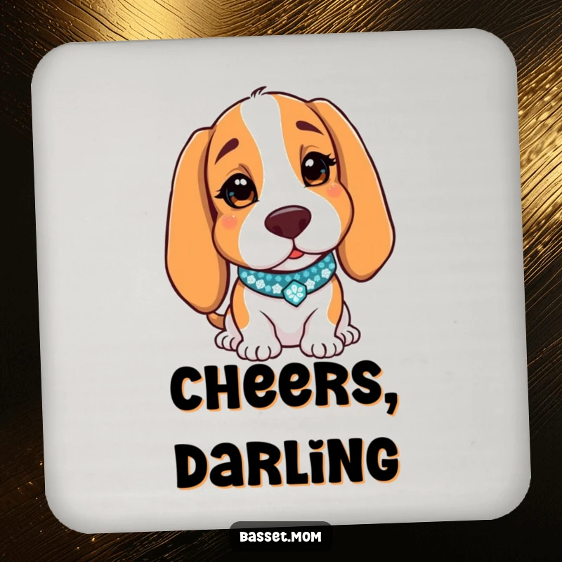 Funny Basset Hound drink coaster featuring a dog with a sparkly collar, charmingly winking, adding a humorous touch.