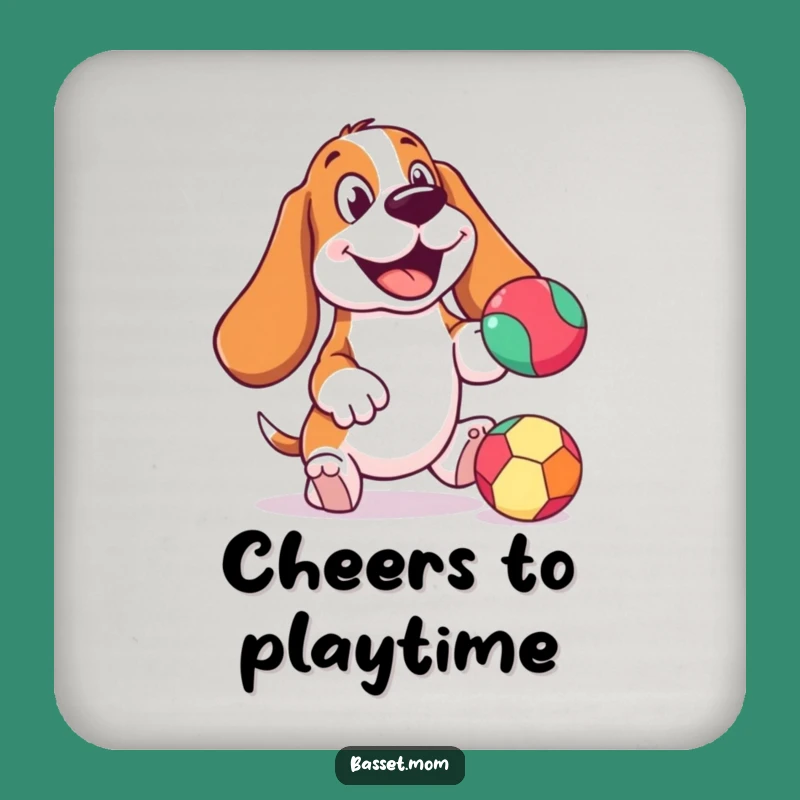 Funny Cheerful Basset Hound Coaster: Bouncing Ball - Protect Surfaces Funny Gift