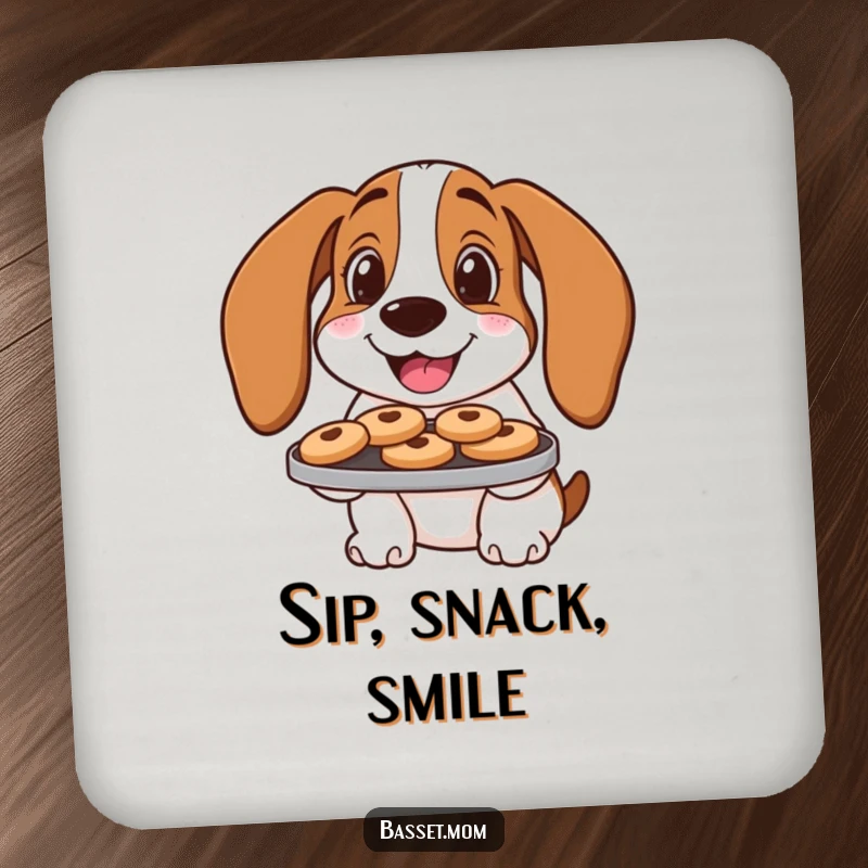 Funny Basset Hound Coasters: A dog offers cookies, protecting surfaces with sweet humor.