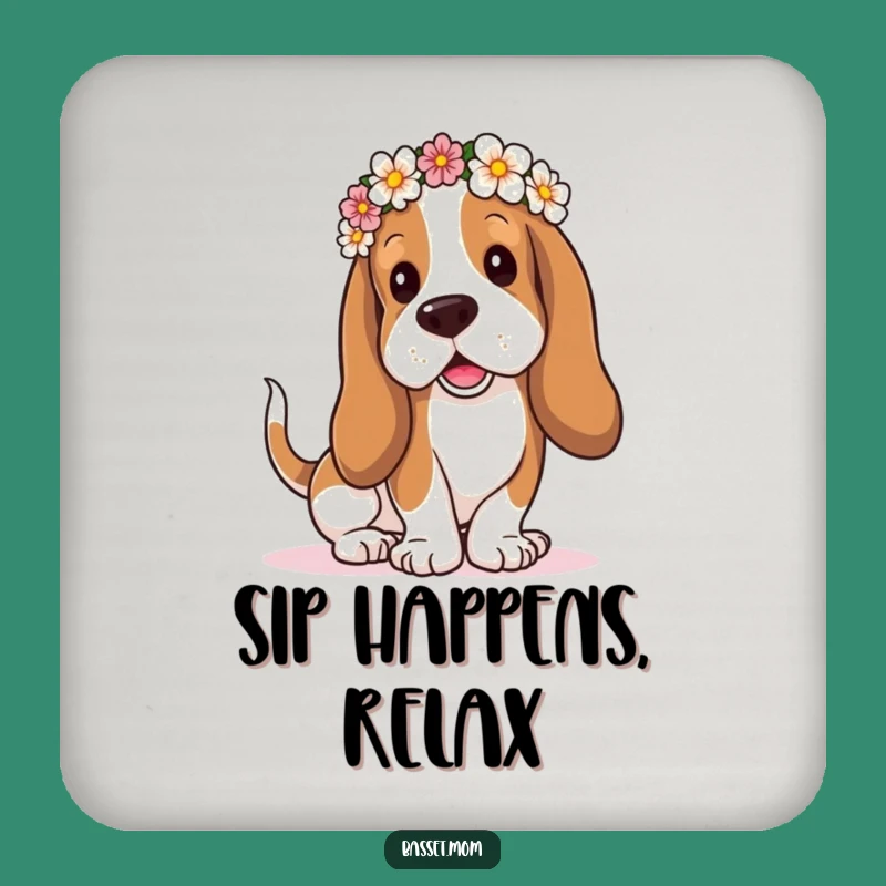 Funny Flower Crown Basset Hound Coaster: Droopy Ears Wagging Tail - Protect Surfaces Funny Gift