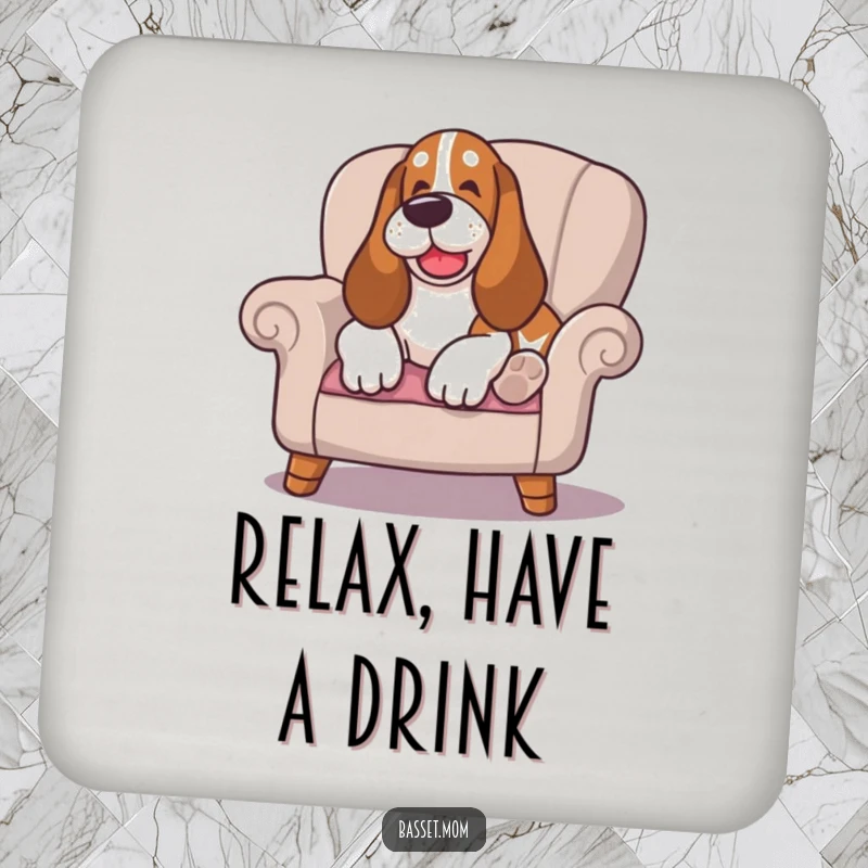 Funny Basset Hound coaster, happy sigh while lounging on a cushioned chair, protecting surfaces with ultimate relaxation charm.