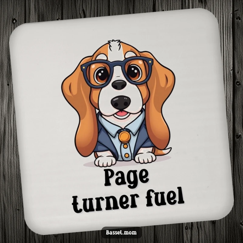 Funny librarian Basset Hound coasters featuring a dog in librarian attire, protecting surfaces with literary humor, a chic and funny gift.