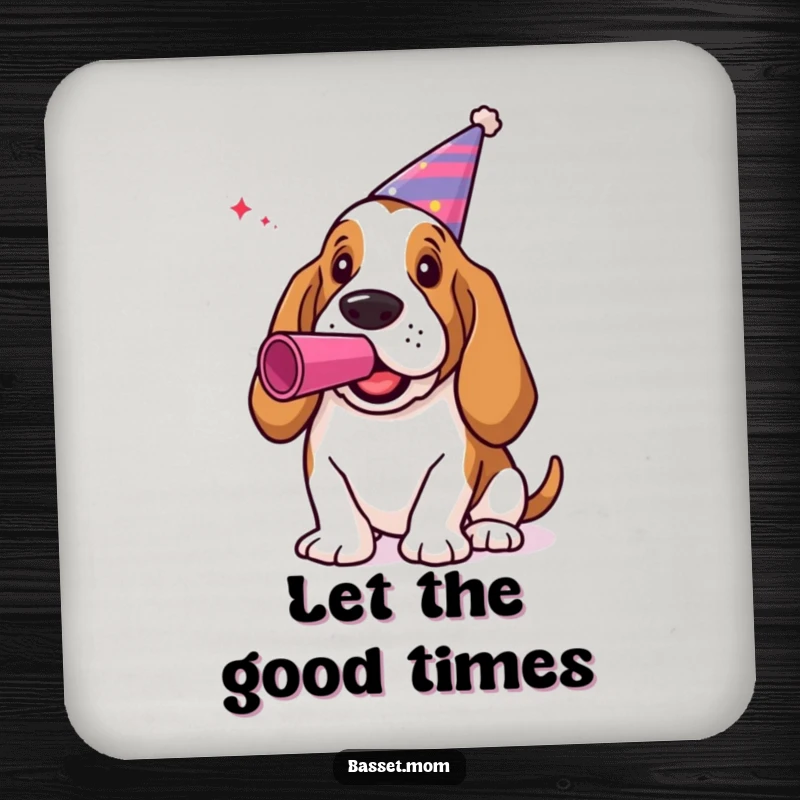 Funny Basset Hound Coasters: A dog in a party hat blowing a noisemaker, protecting surfaces.
