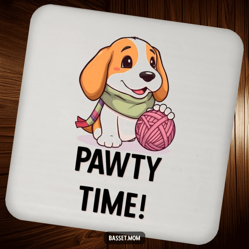 Funny Basset Hound coaster, a dog in a scarf playfully batting a yarn ball, adding a humorous touch to tabletops.