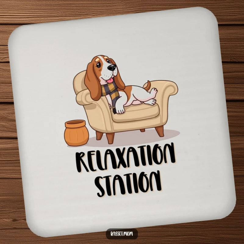 Funny Basset Hound wearing a scarf lounges on a cozy armchair, adding loungewear humor and charm to protect your drinks.