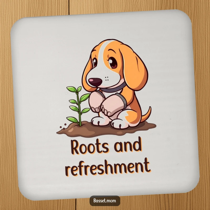 Funny Basset Hound wearing gardening gloves planting a tiny sprout, designed as a drink coaster, offering humorous protection with a garden theme.