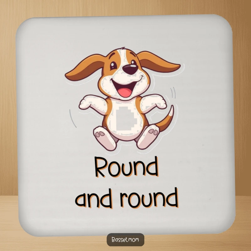Funny Basset Hound coaster, a dog spinning joyfully, protects surfaces with cheerful humor, a great gift.