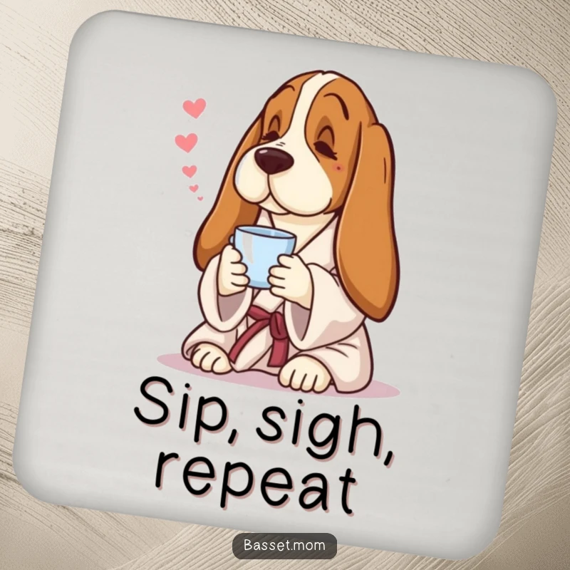 Funny Basset Hound coaster, art of a dog in a robe with tea, protecting surfaces humorously.