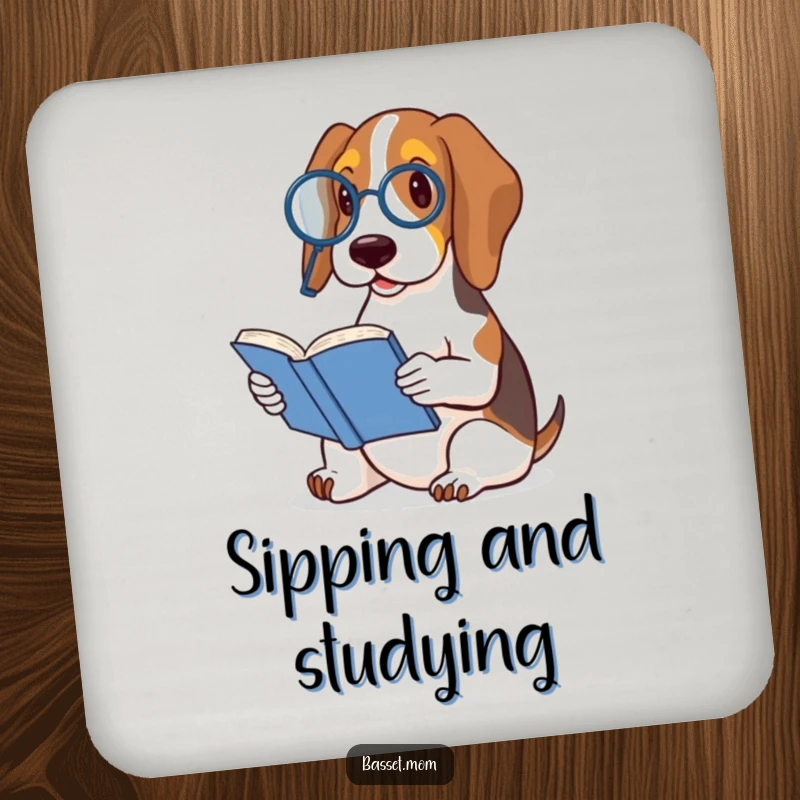 Funny Basset Hound coaster featuring a dog with a monocle and book, offering humorous sophistication for protecting surfaces.