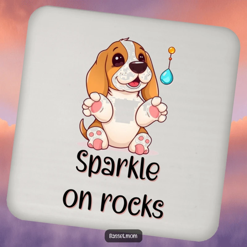 Funny Basset Hound coaster art featuring a dog playfully batting at a dangling jewel, adding a touch of lighthearted fun to beverages.