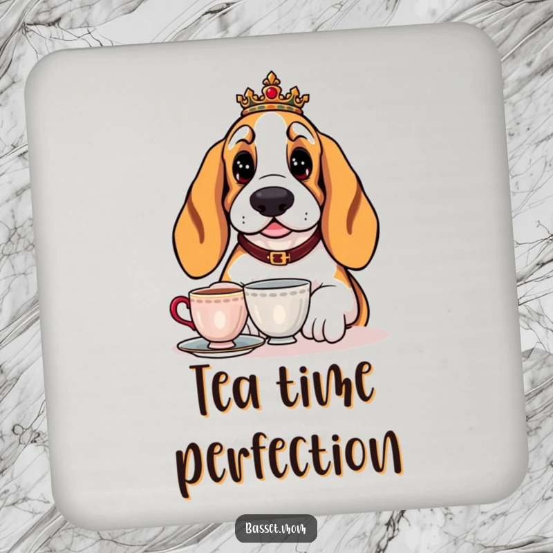 Funny Basset Hound drink coaster with a regal dog enjoying a cup of tea, for protecting surfaces with elegance.