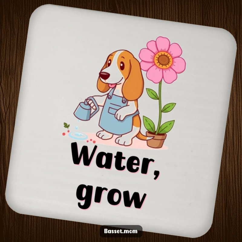 Funny Basset Hound drink coaster showing a dog in a gardening apron watering a giant flower, adding humor and protection to surfaces.