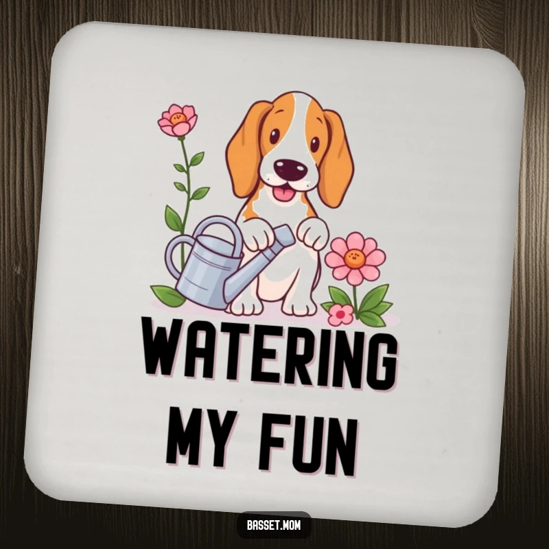 Funny Basset Hound coaster, a dog with a small watering can, watering a large flower, protecting surfaces with style.