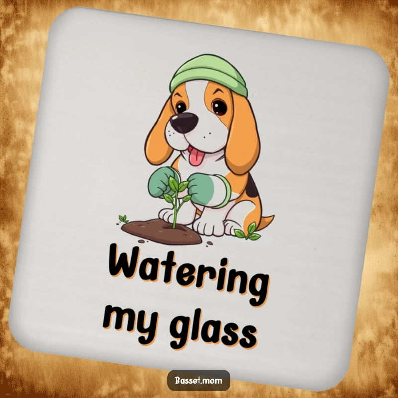 Funny Basset Hound drink coaster featuring a dog gardener planting a sprout, adding a humorous and protective touch.