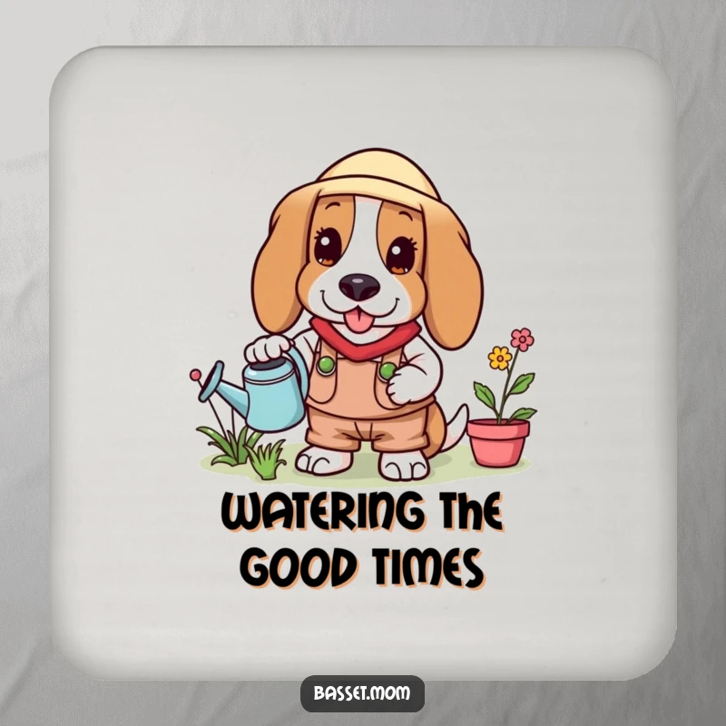 Funny Basset Hound gardener coaster, showing a dog with a watering can, protecting surfaces from moisture.